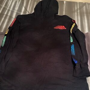 adidas Black Crewneck Hoodie with Multicolor Logo Sleeve Details